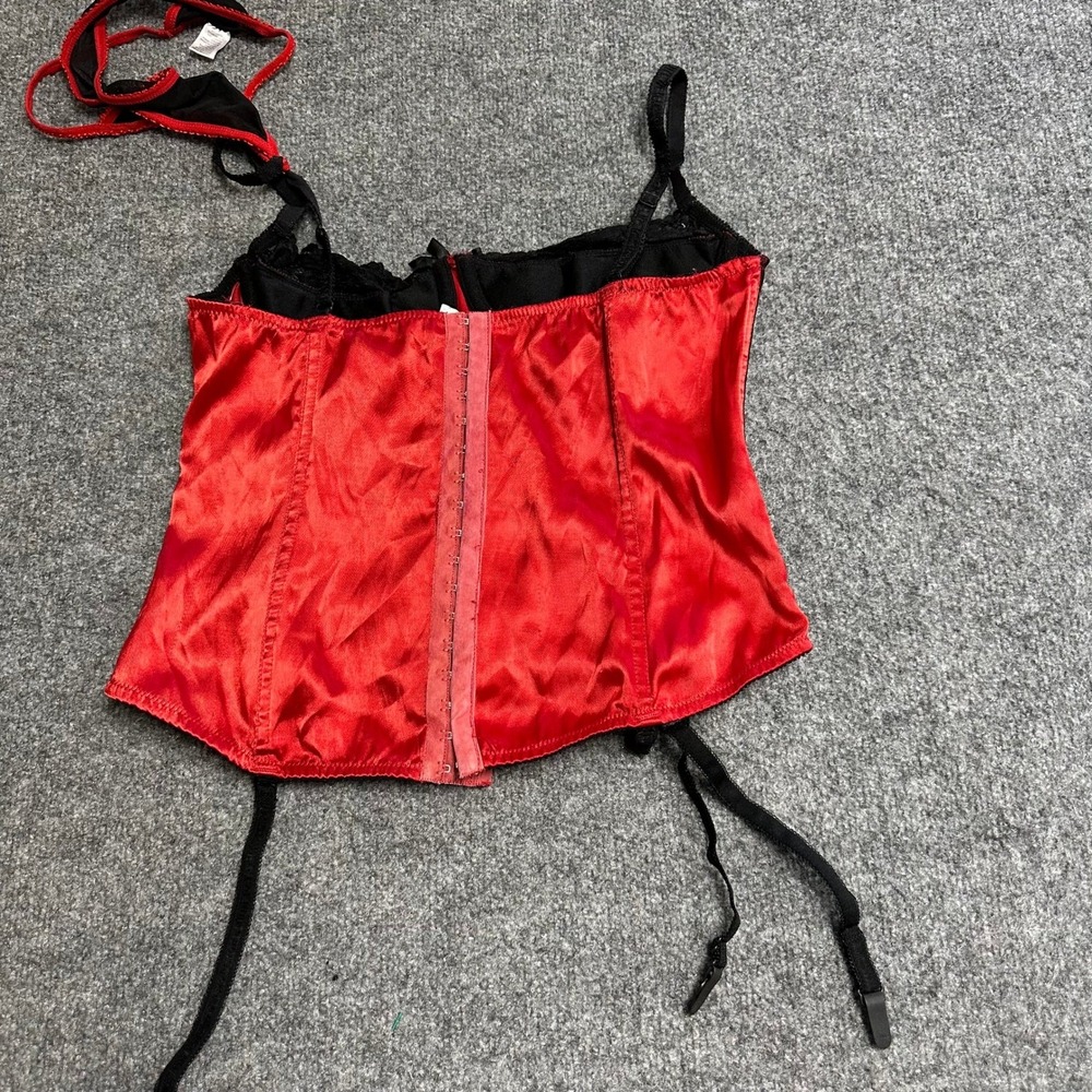 Popsi Lingerie Corset Set Womens Size L Red Black Lace Garter Bustier Thong